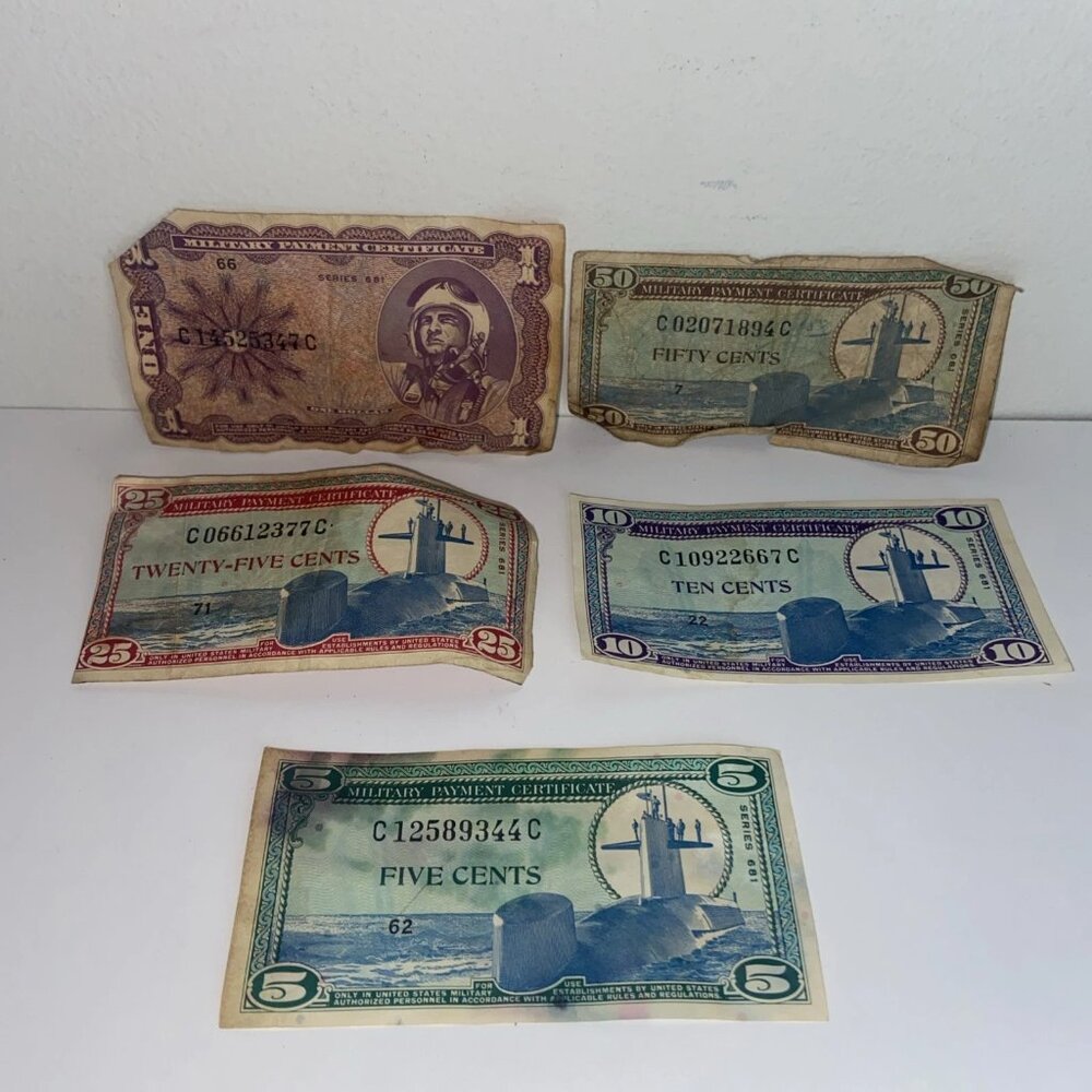 Lot Of 5 Military Payment Certificates Dollar Cents Series 681 $1,.50,.25,.10,.5